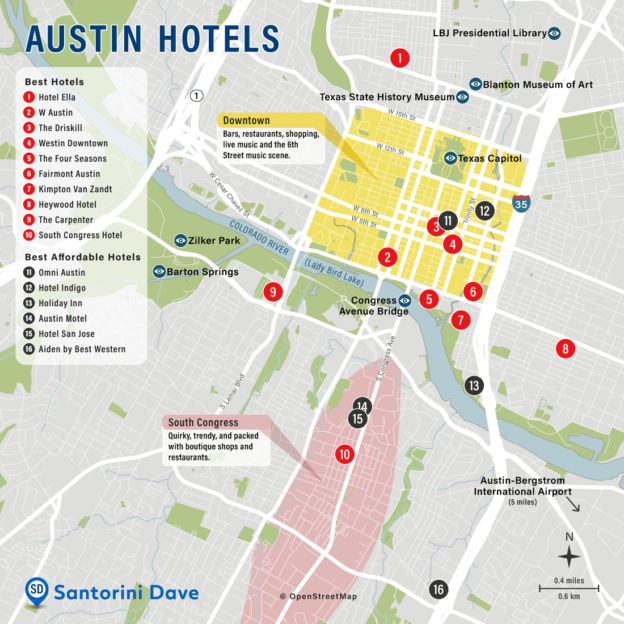 AUSTIN HOTEL MAP Best Areas Neighborhoods Places To Stay   Austin Hotel Map 624x624 