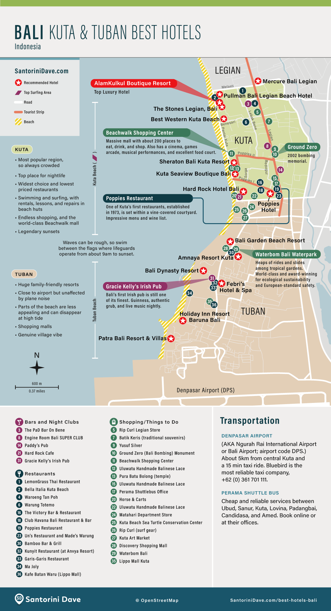Map of the best hotels in Kuta and Tuban, Bali