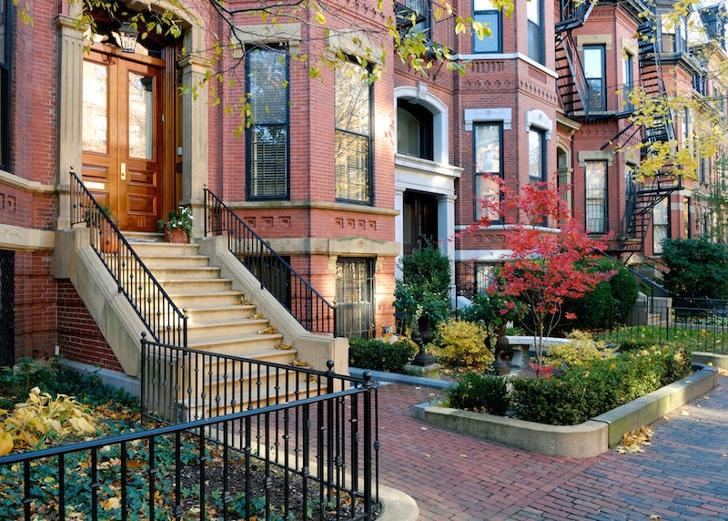Facades of Back Bay brownstone homes in Boston