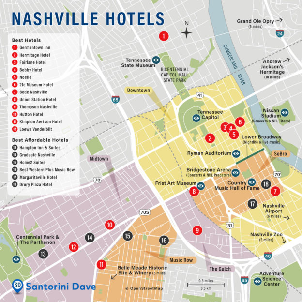 NASHVILLE HOTEL MAP Best Areas Neighborhoods Places To Stay   Nashville Hotel Map 624x624 