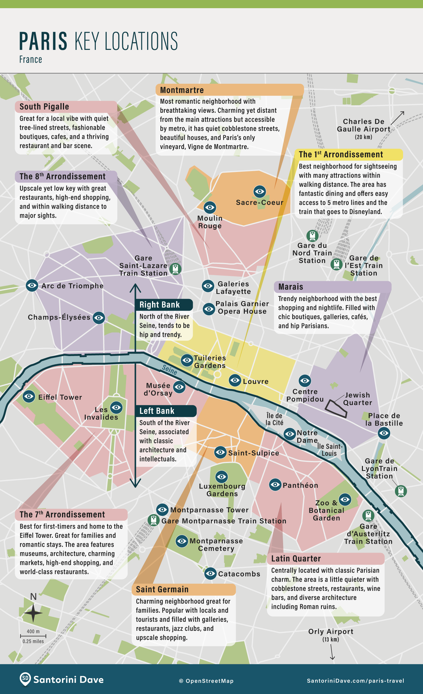Map showing the best places for visitors to stay in Paris