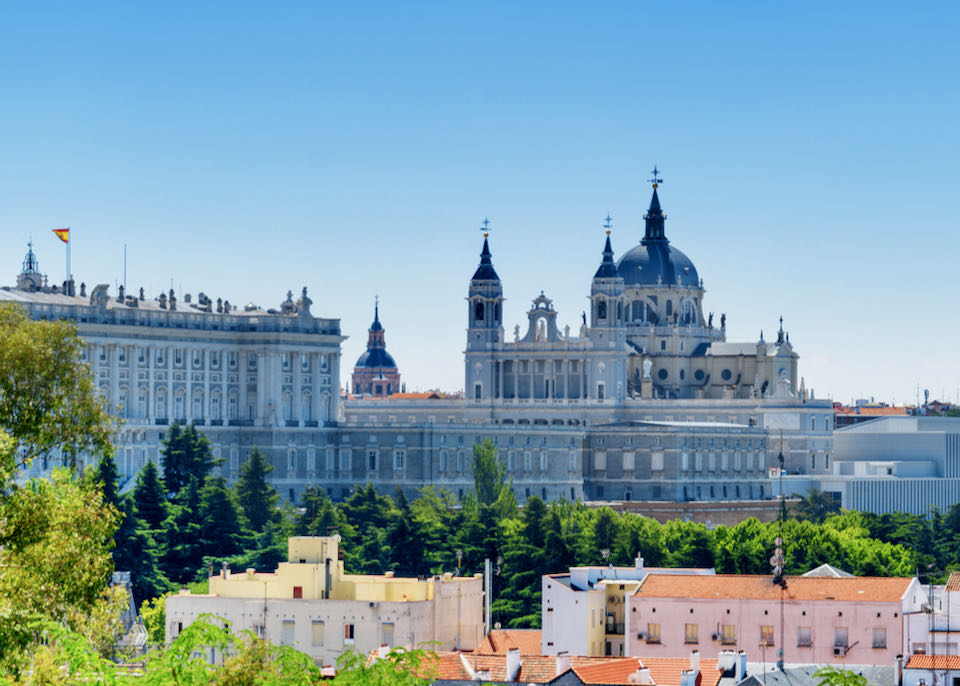 Skyline view of a cathedral with blue domes and tall spires