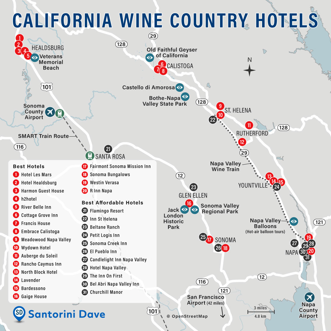 Map of Napa and Sonoma Hotels
