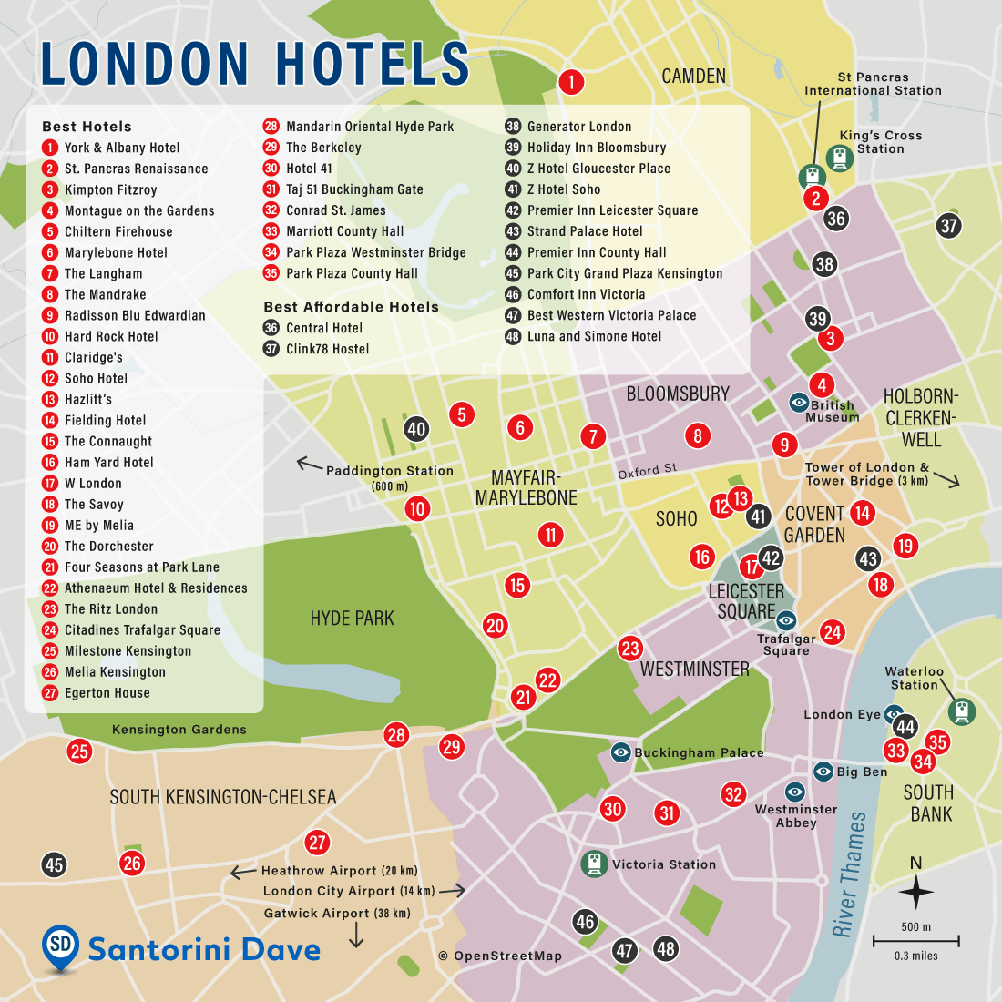 London best Hotels and neighborhoods map.
