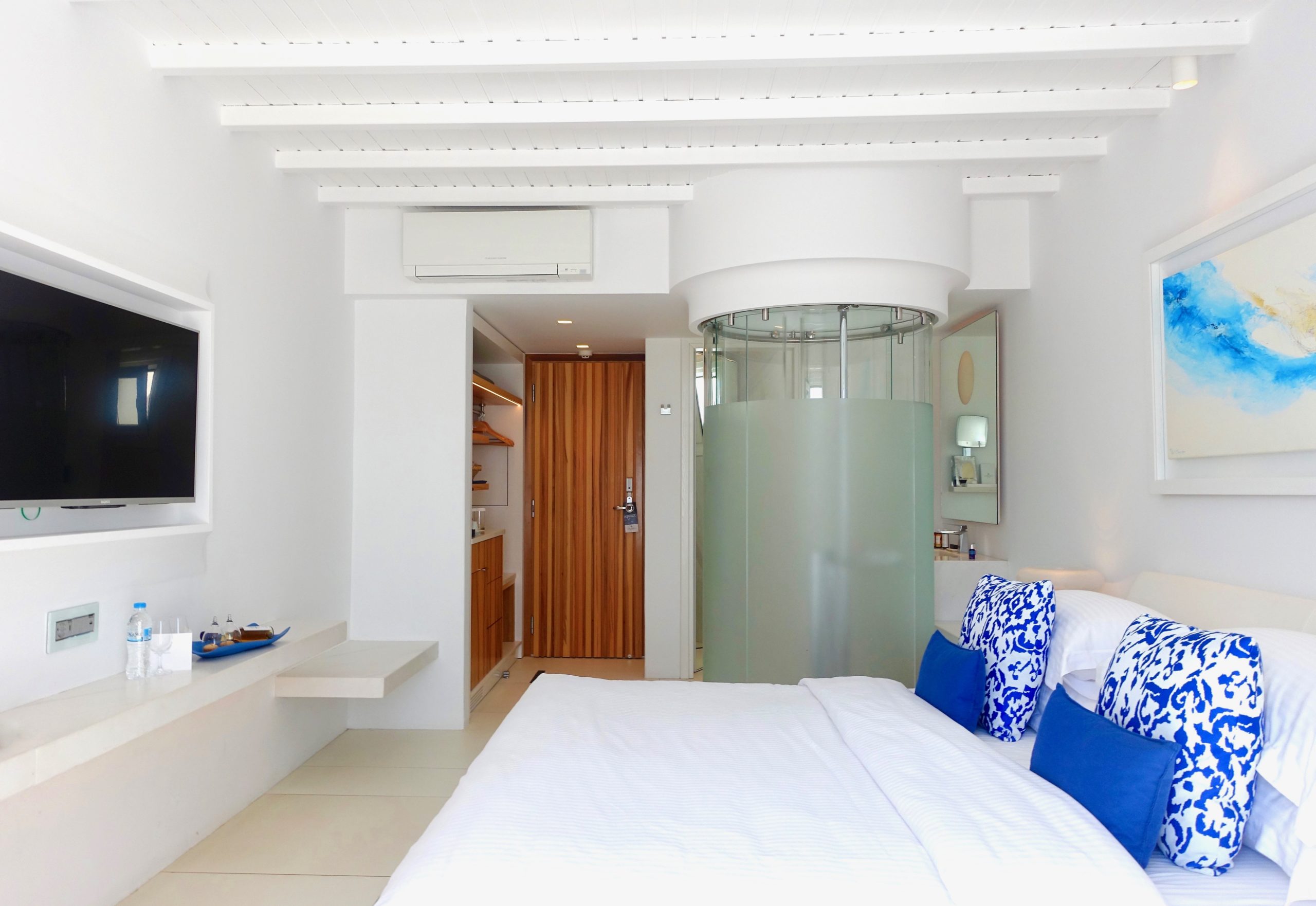 True Blue Room facing shower at Myconian Ambassador in Platis Gialos