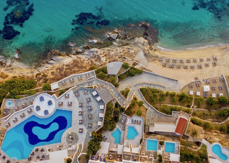Aerial view of Mykonos Grand Hotel on Agios Ioannis Beach