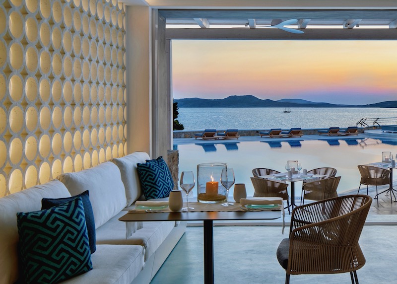 Nama Restaurant and pool at sunset at Mykonos Grand, Agios Ioannis