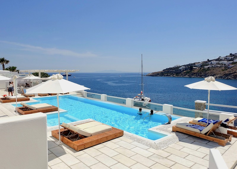 View of the sea from the main pool at Nissaki Boutique Hotel in Mykonos.