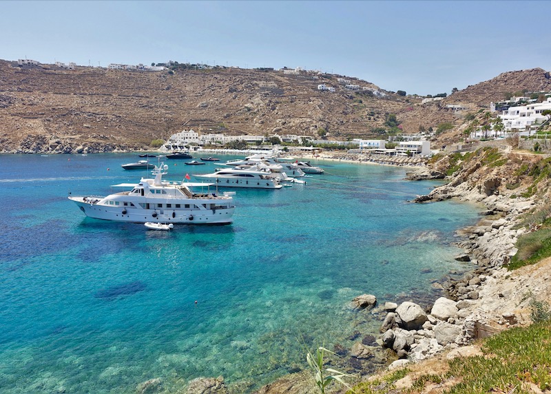 View to Psarou Beach and boats from Nissaki Boutique Hotel, Mykonos