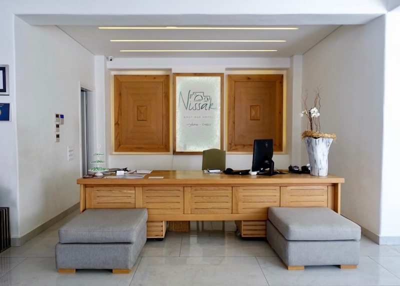 Reception desk at Nissaki, Platis Gialos, Mykonos