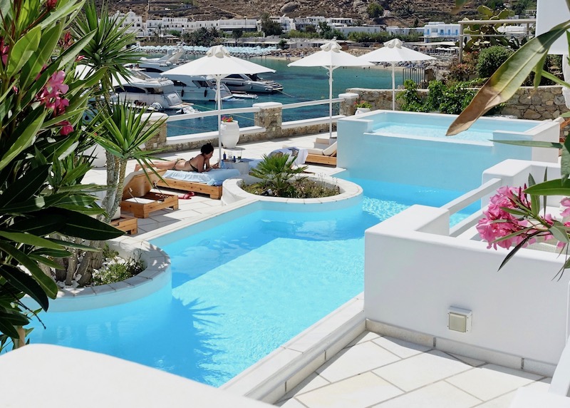 Small pool behind the main pool at Nissaki Beach Hotel in Mykonos.