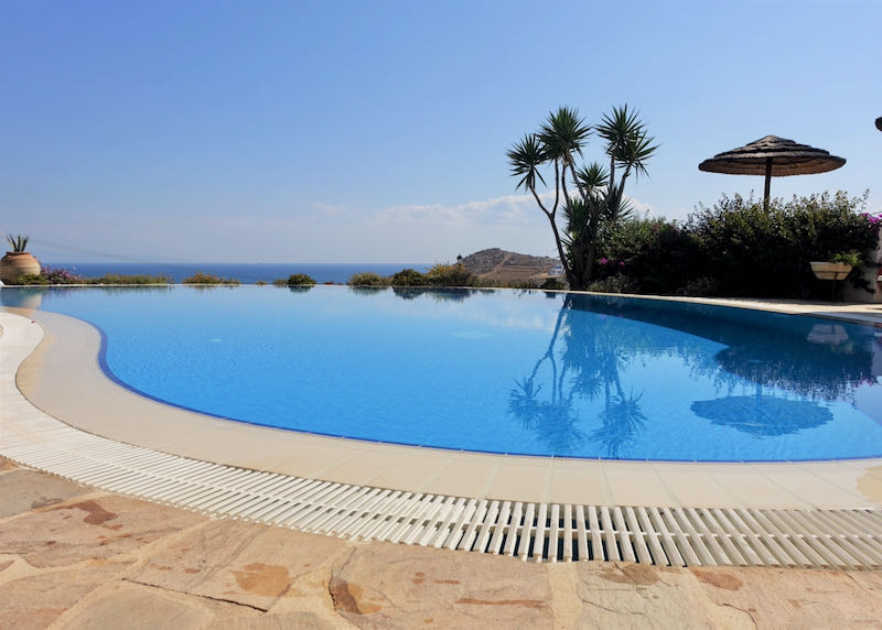 Infinity pool with sea view and palm trees