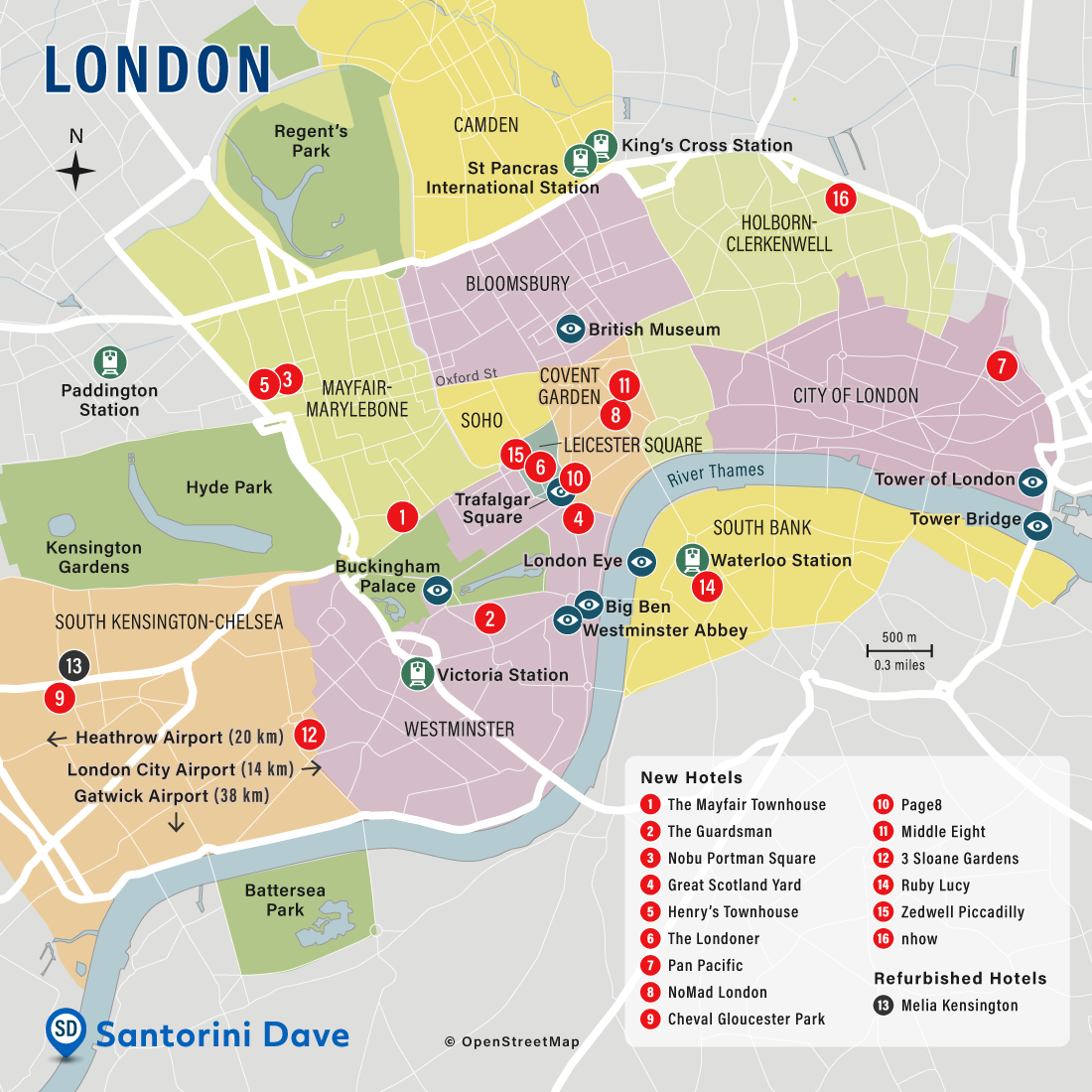 Map of new and refurbished hotels in London, UK.