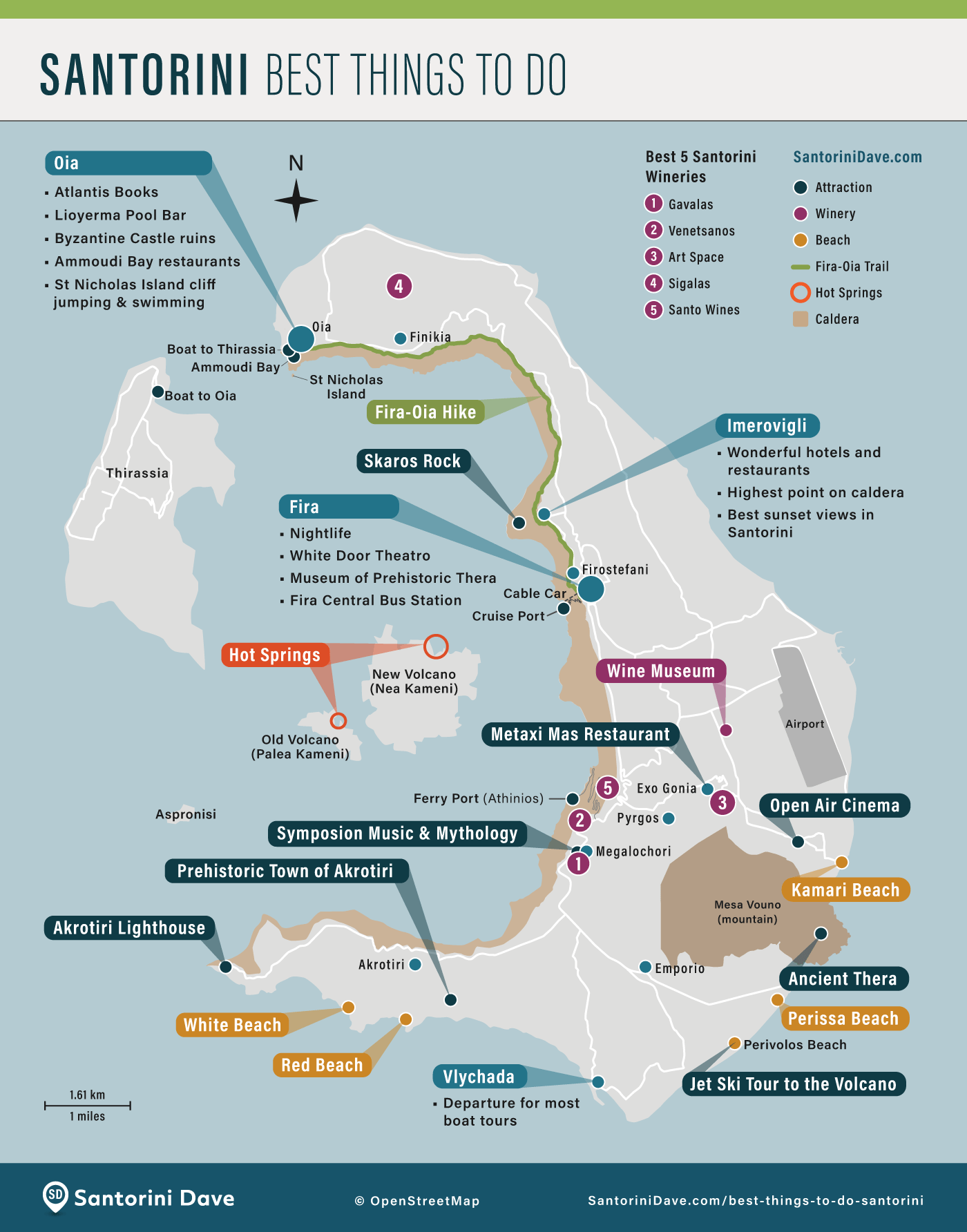 Map showing the locations of the best towns and top activities on Santorini, Greece