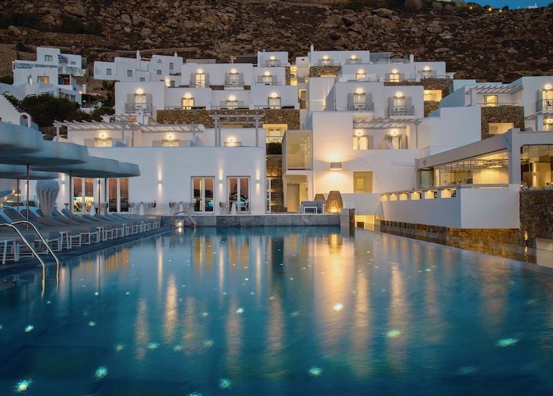 The pool at night in Mykonos Riviera Hotel in Tourlos