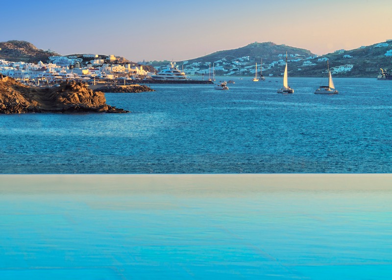 View of Old Port from Mykonos Riviera in Tourlos