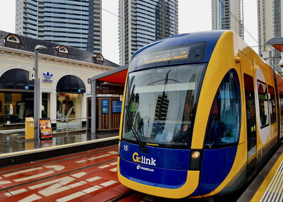 G:link tram goes to downtown Brisbane and the airports.