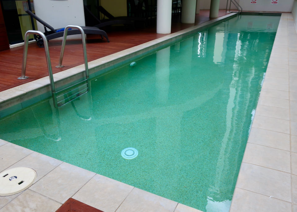 The pool is narrow and suitable for laps.