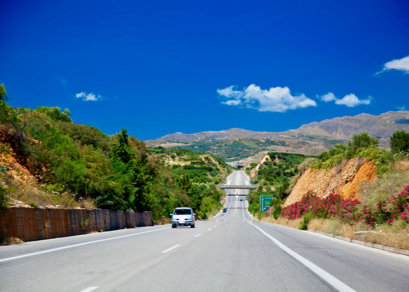Crete highway with rented car in Crete.