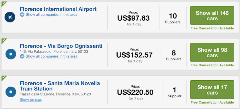 Booking rental cars for Florence, Italy