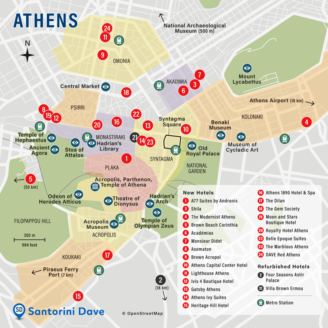 Map showing the locations of the best new and newly-refurbished hotels in Athens, Greece