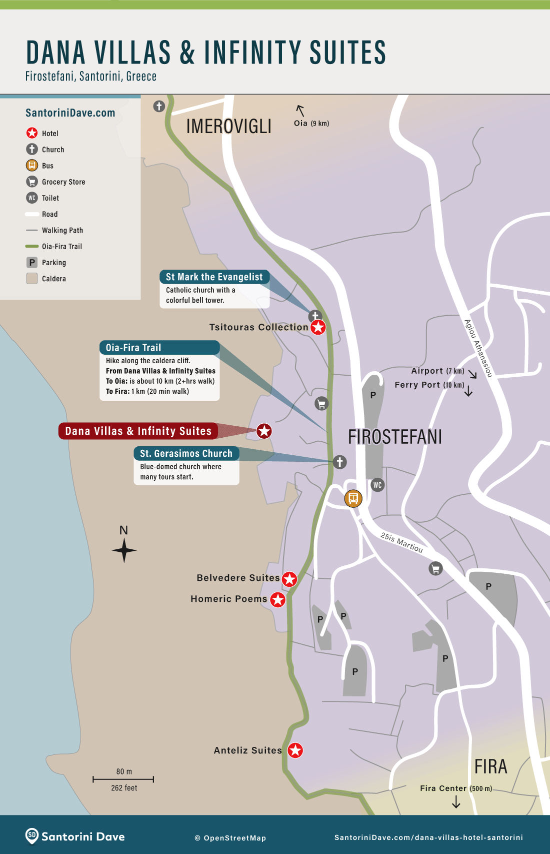 Map of Dana Villas & Infinity Suites in Firostefani, Santorini.