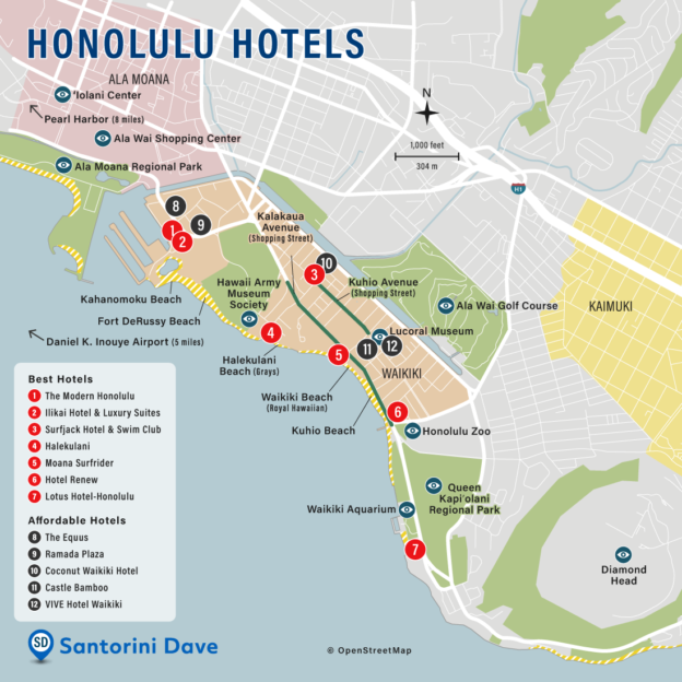 HONOLULU HOTEL MAP Best Areas Neighborhoods Places To Stay   Honolulu Hotel Map 624x624 