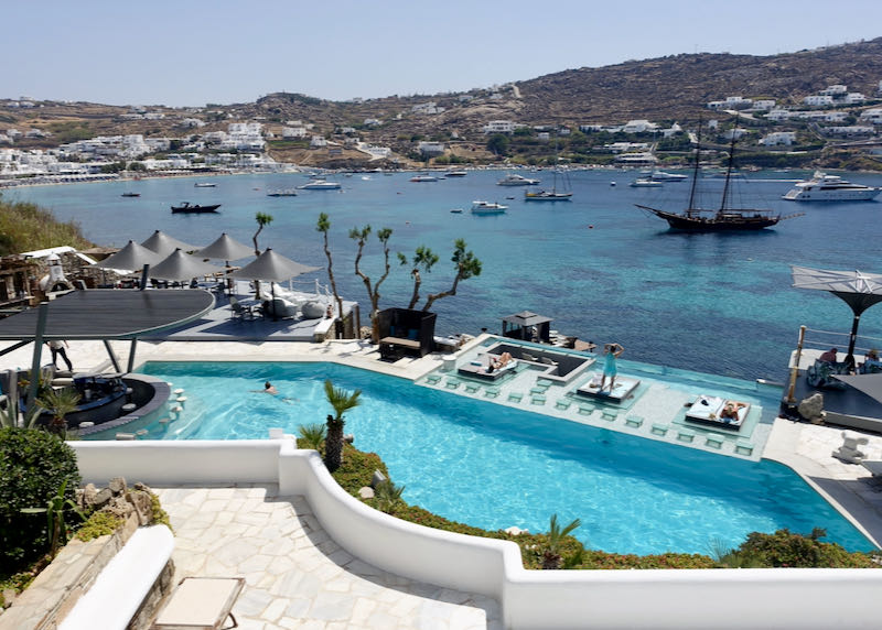 The large pool overlooking the water at Kivotos hotel in Ornos, Mykonos.