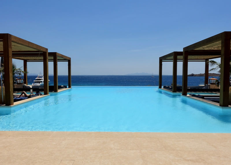 Pool and Bali beds at Santa Marina hotel in Ornos, Mykonos.