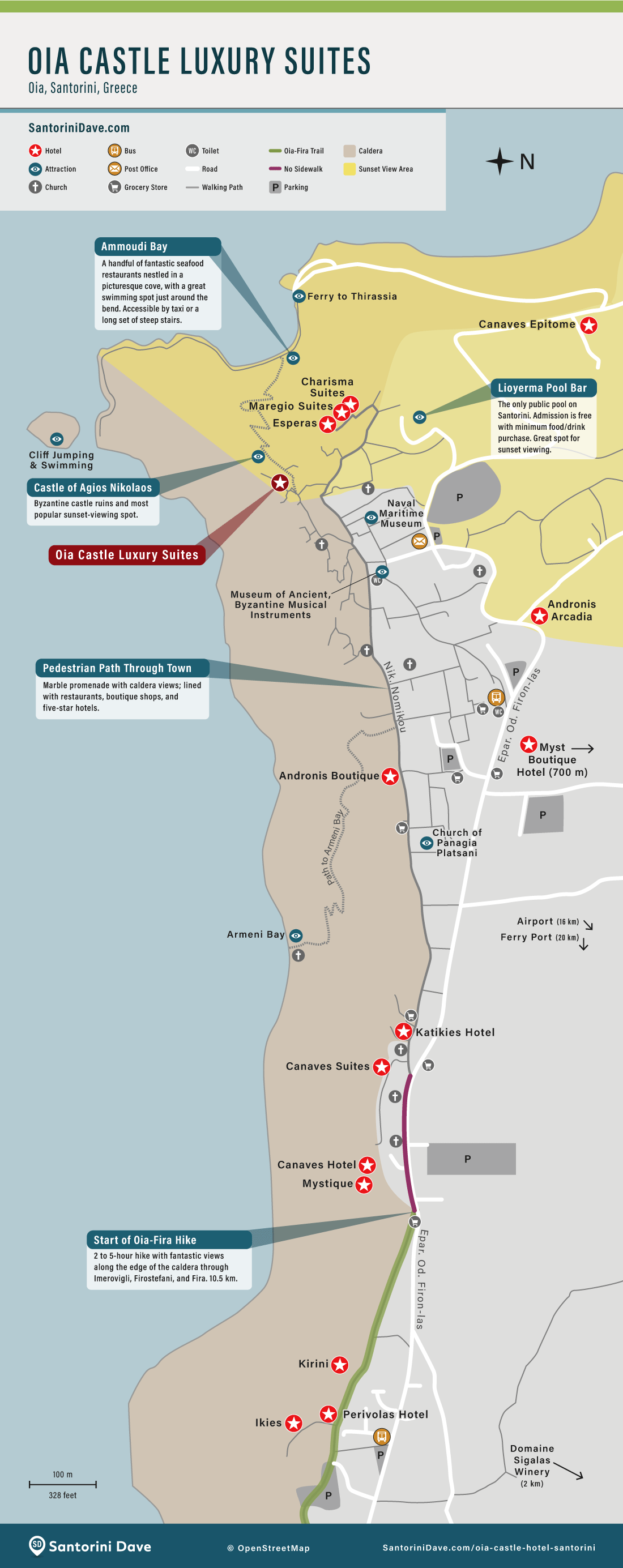 Map showing the location of Oia Castle Luxury Suites hotel in relation to the top things to do in Oia, Santorini, Greece.