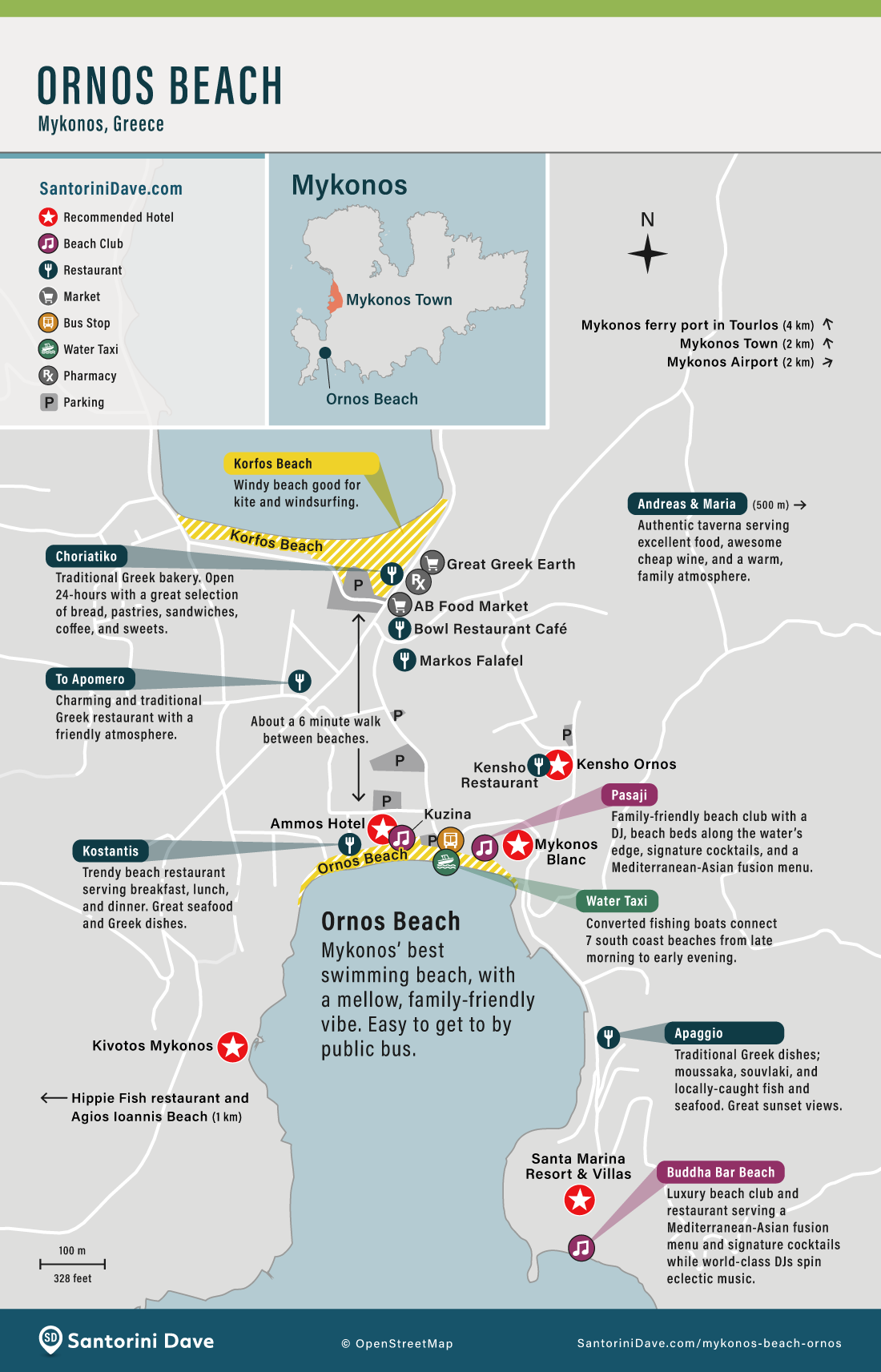 Map showing the area surrounding Ornos Beach, including restaurants, beach clubs, and hotels
