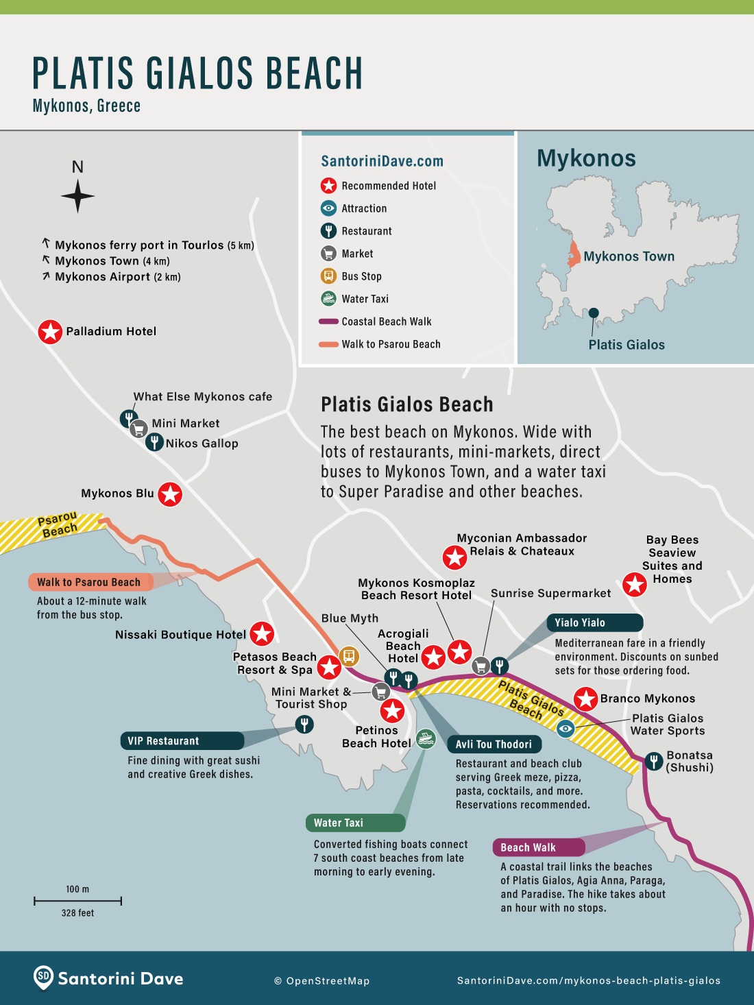 Map showing points of interest in and around Platis Gialos Beach