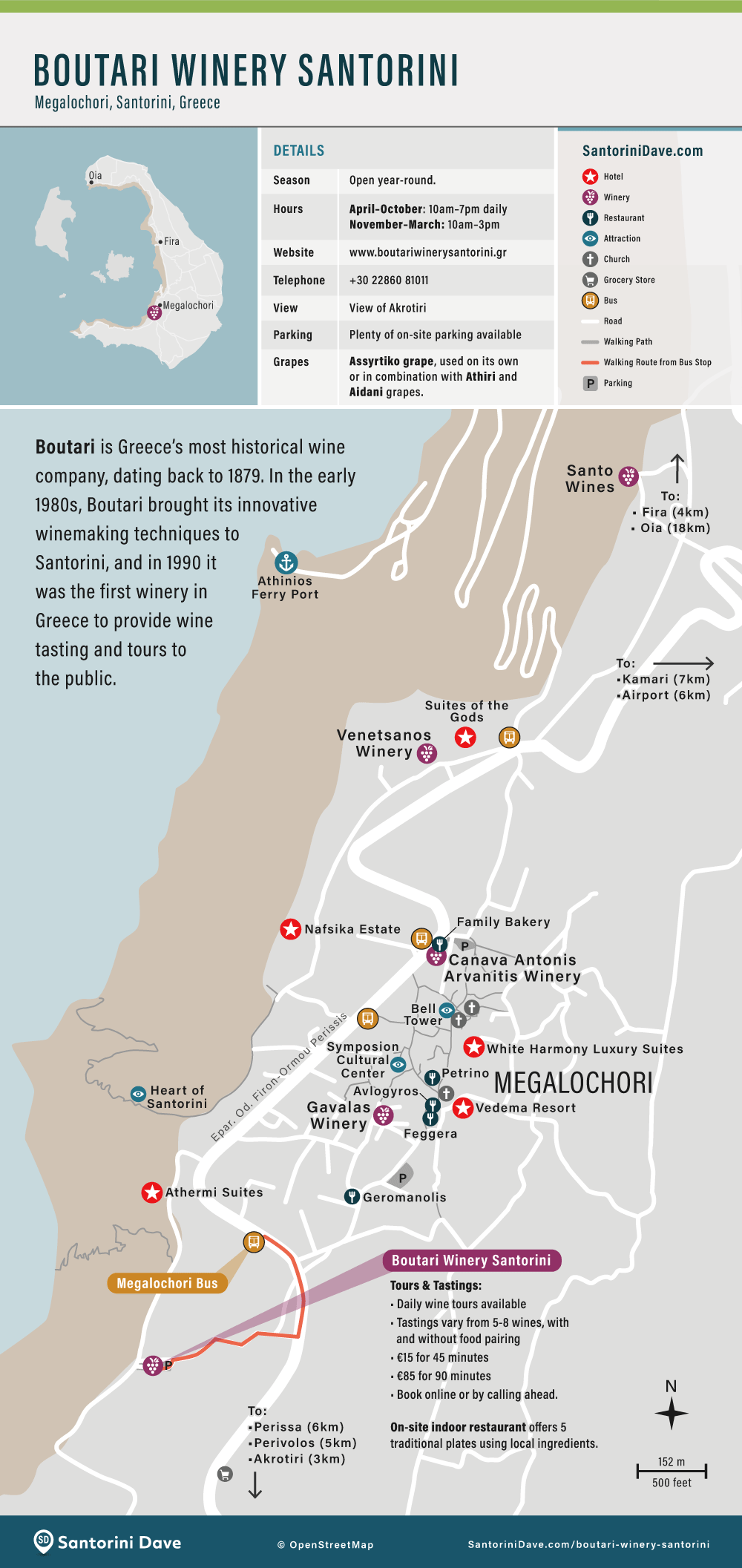 Map showing the location and surrounding hotels and attractions of Boutari Winery in Santorini