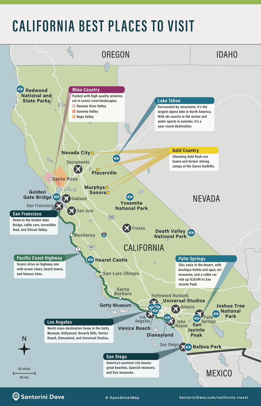 Map of the best places to visit in California