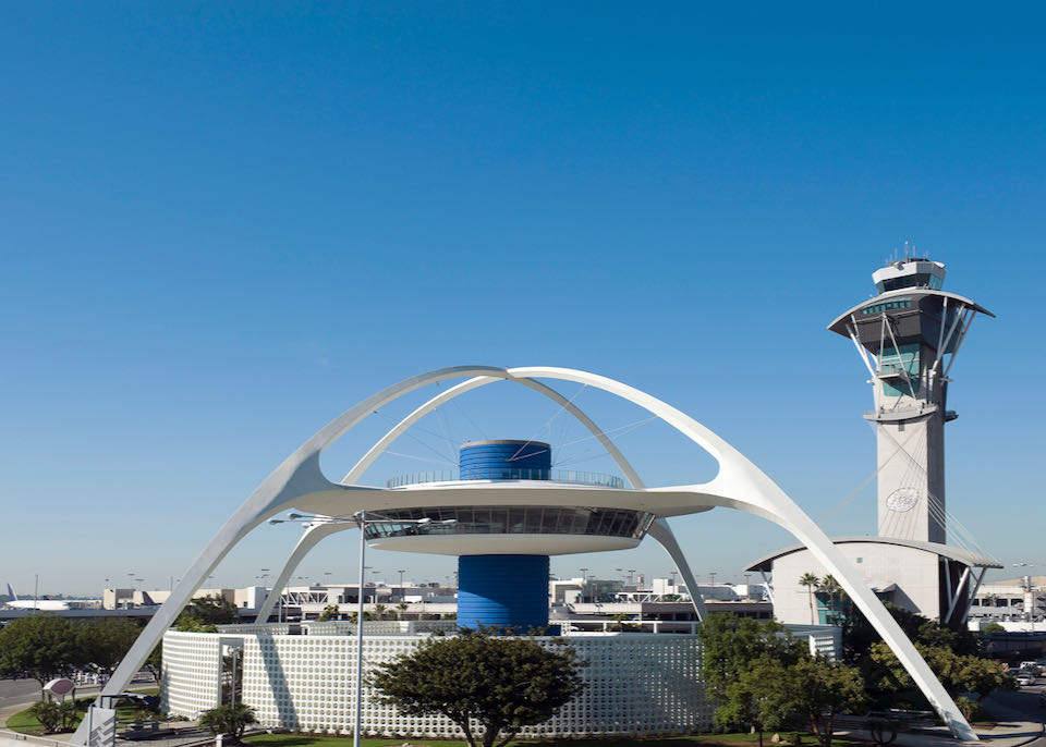 The iconic "Theme Building" at the center of Los Angeles International Airport (LAX).