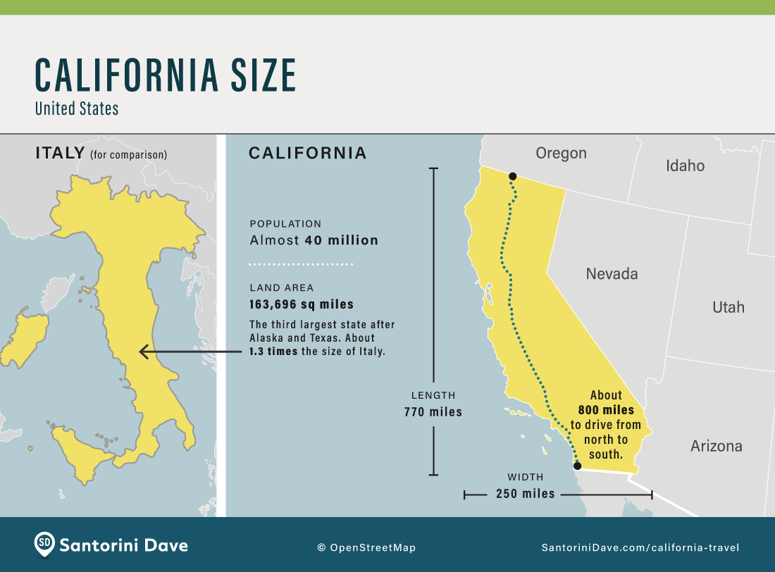 Map showing the size of California, relative to that of Italy