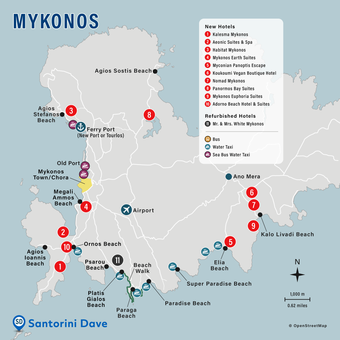 Map showing the locations of the 11 best new hotels in Mykonos, Greece