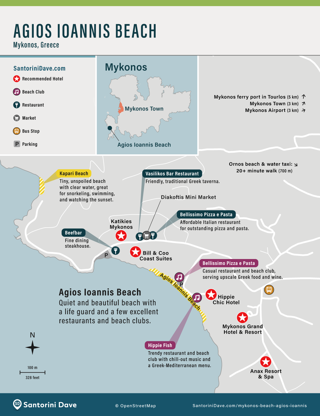 Map showing the best hotels, restaurants, and attractions at and near Agios Ioannis beach in Mykonos