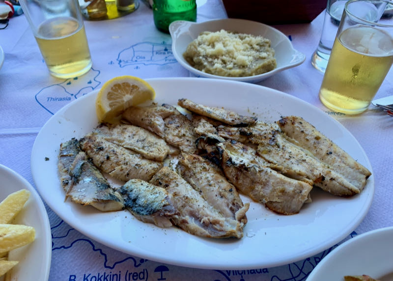 Grilled fish and beer at Kambia Restaurant in Akrotiri