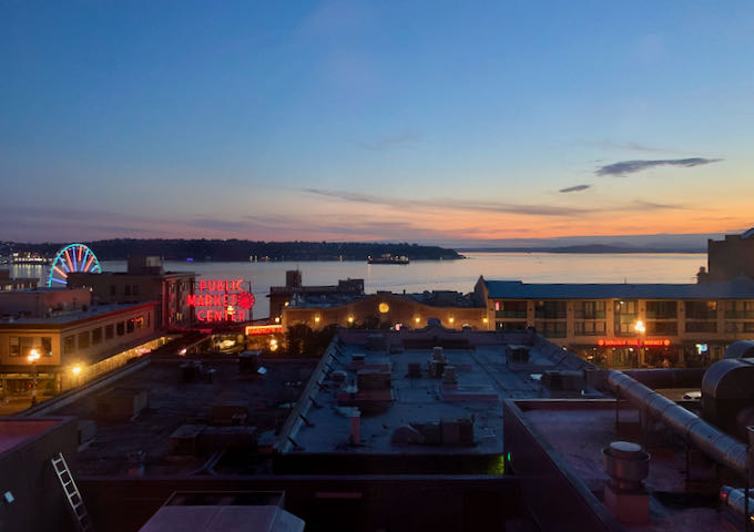 Romantic views of Pike Place Market from Seattle hotels.