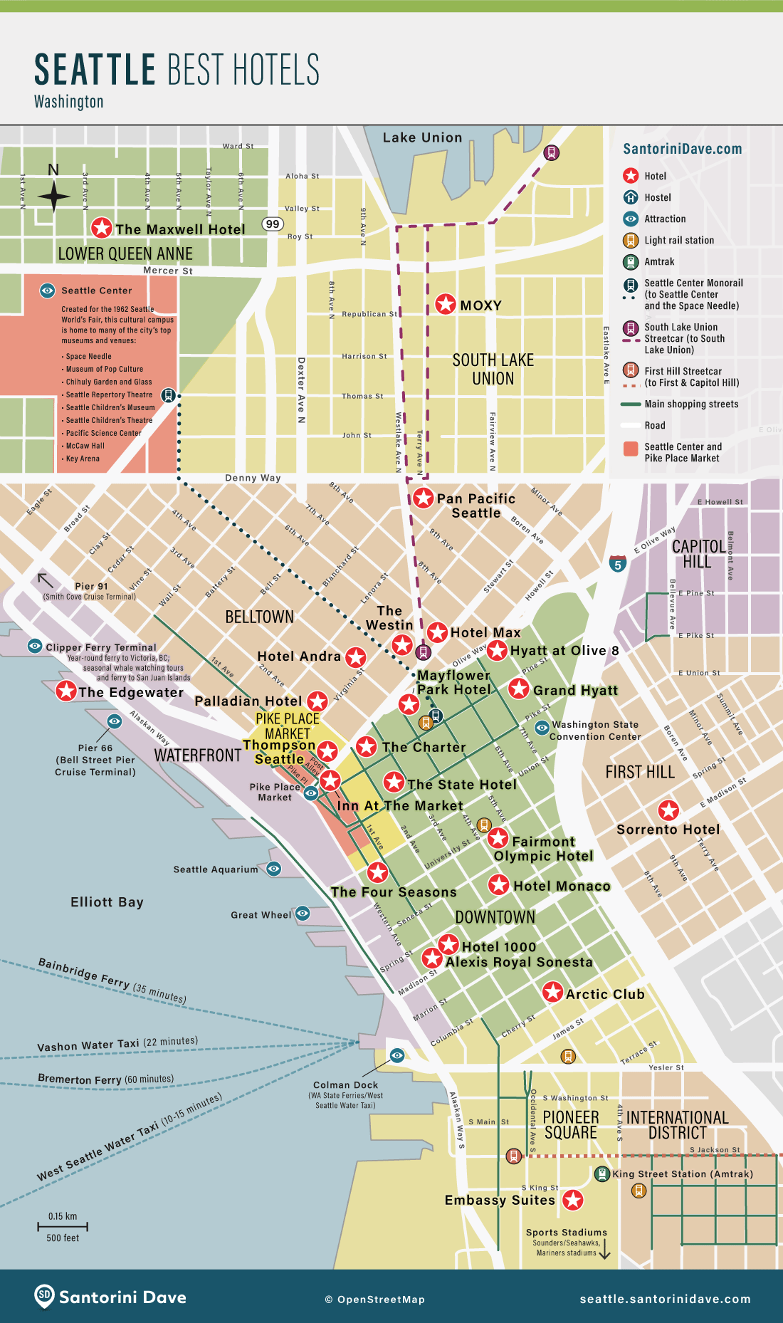 Tourist map showing the best hotels in Seattle, Washington