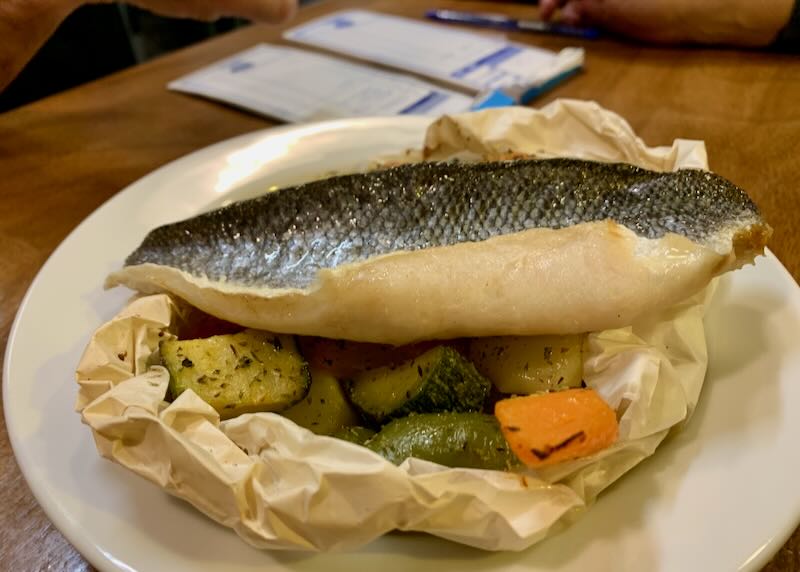 Lavraki - white fish baked with grilled vegetables