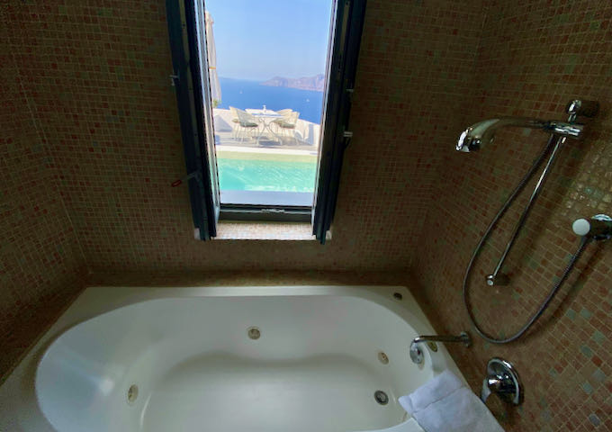 Jetted tub with view of the Santorini caldera