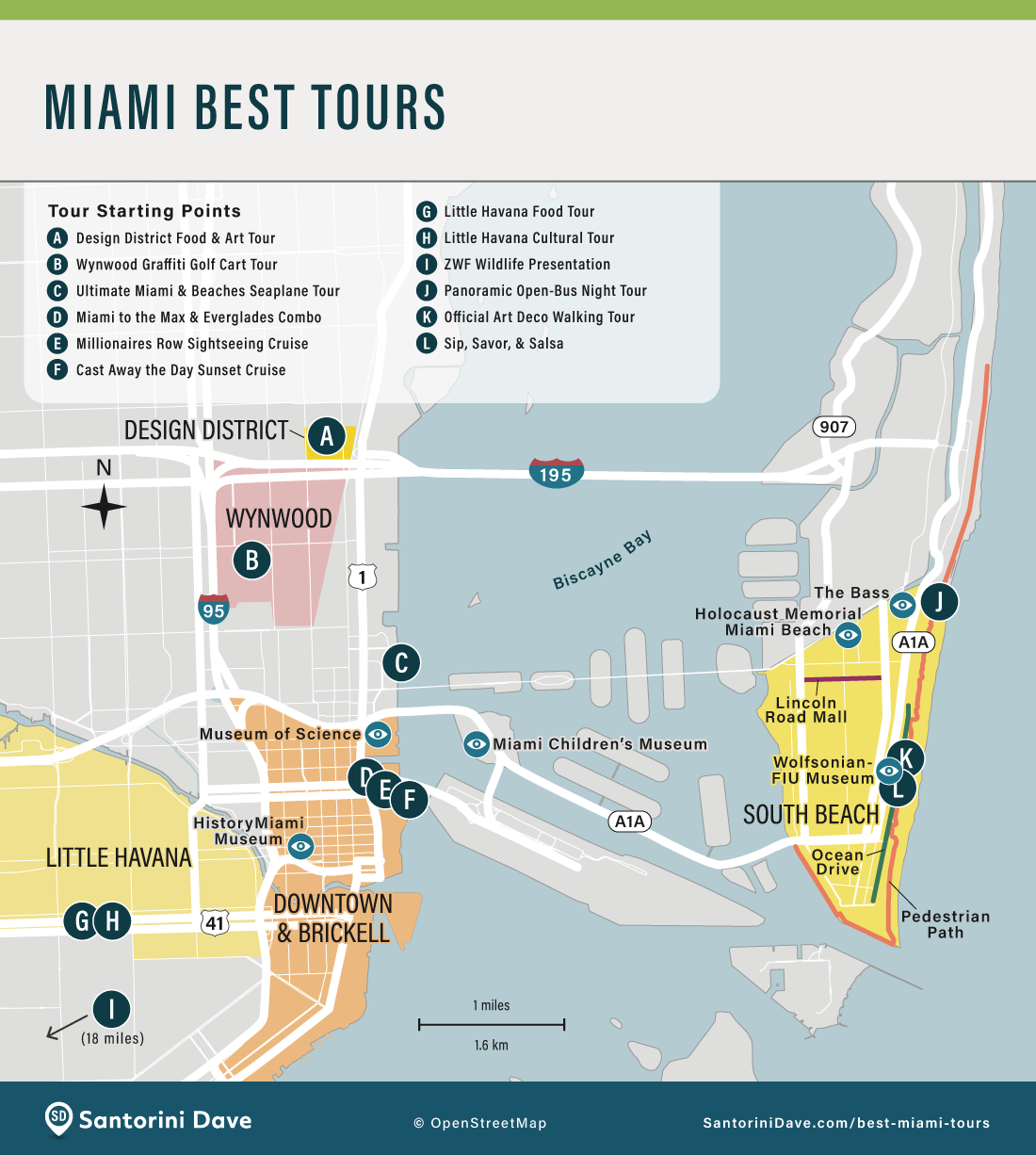 Map showing the starting locations of the best tours in miami