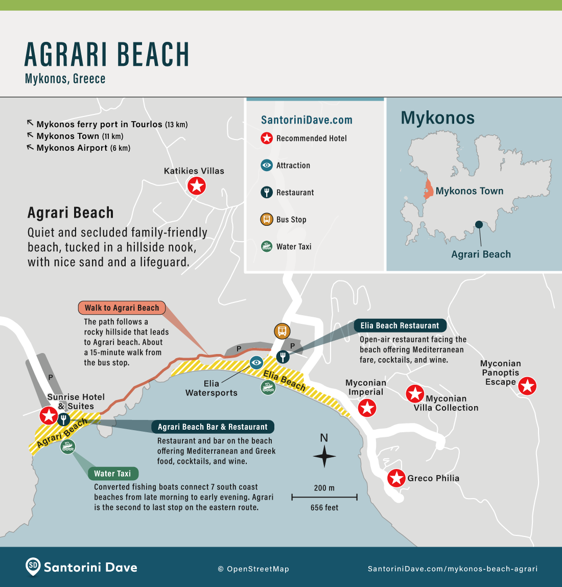 Map showing the hotels and amenities at Agrari Beach in Mykonos, as well as those at nearby Elia Beach