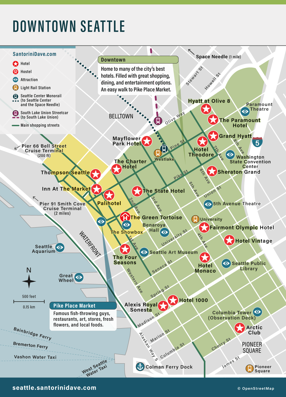 Map of hotels in downtown Seattle.