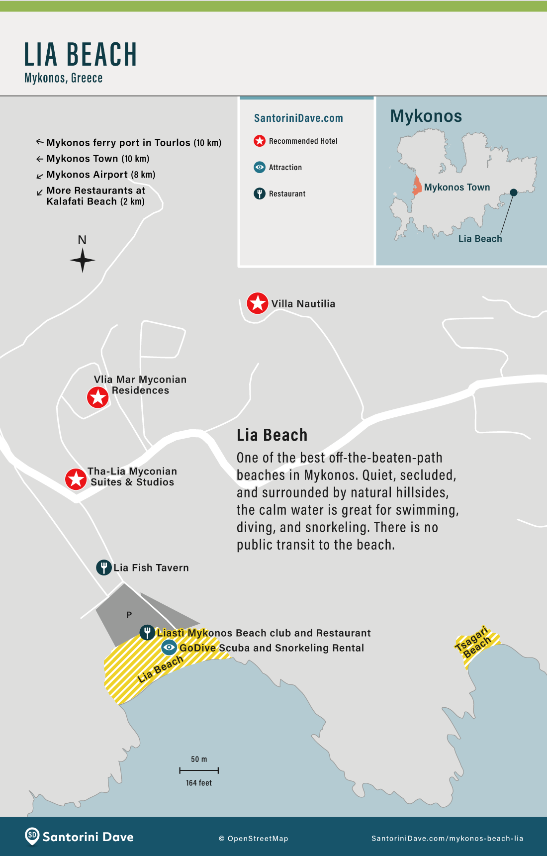 Map of hotels, restaurants, and facilities at Lia Beach in Mykonos, Greece