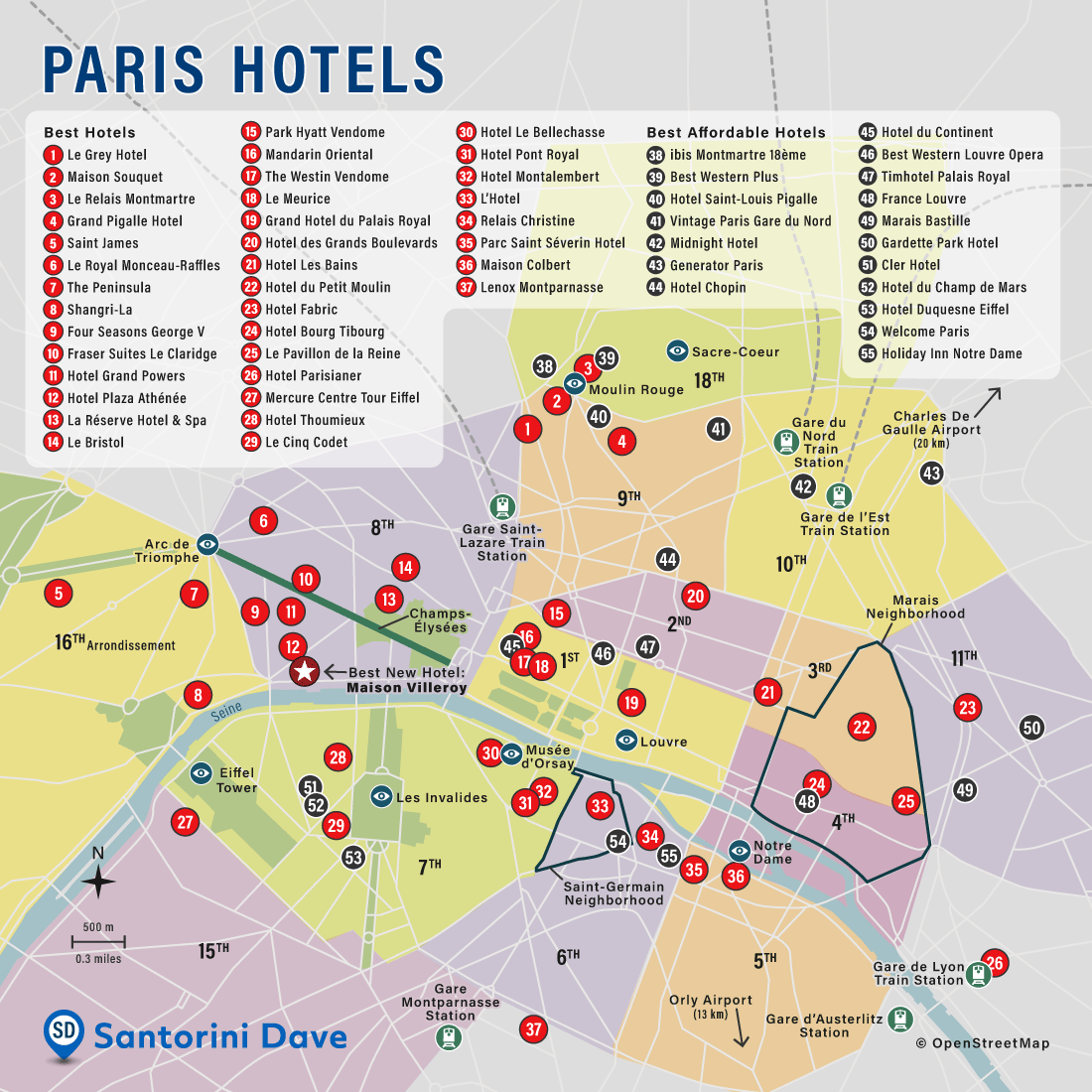 Map of luxury, affordable, and best new hotels in Paris