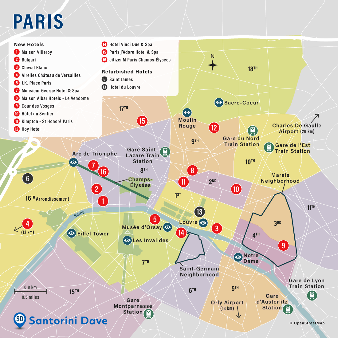 Map showing the locations of the best new hotels in Paris, France.
