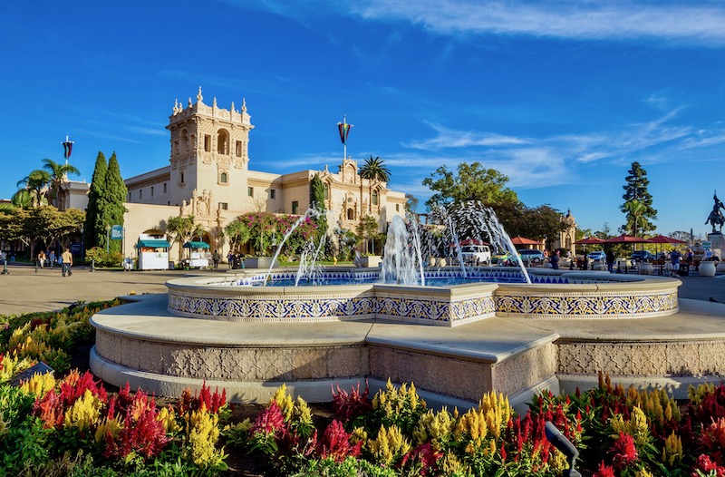 View of a fountain and Casa del Prado in Balboa Park, San Diego